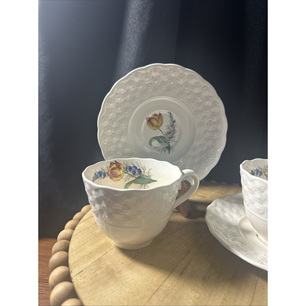 2 Copeland Spode England Hand Colored Porcelain Cup & Saucer Tulip No 5